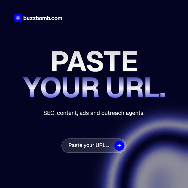 Instagram post for BuzzBomb: "Paste your URL." Agentic glass style, centred layout, dark palette in black, blue.
