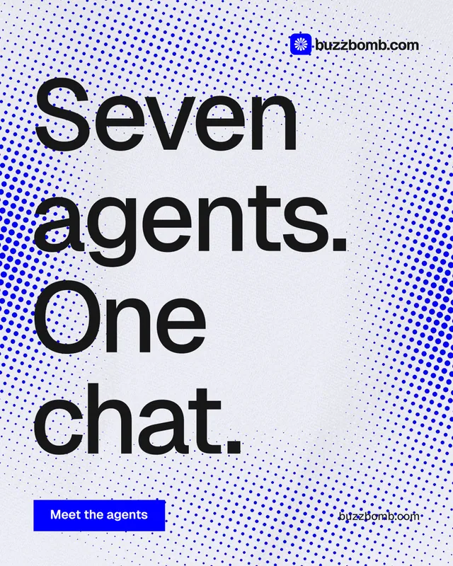 Instagram portrait post for BuzzBomb: "Seven agents. One chat." Swiss style, poster layout, light palette in blue, white, grey.