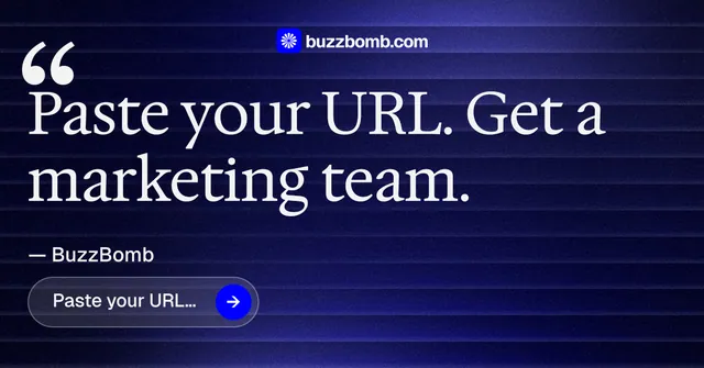 Social ad for BuzzBomb: "Get a marketing team." Agentic glass style, quote layout, dark palette in blue, black, grey.