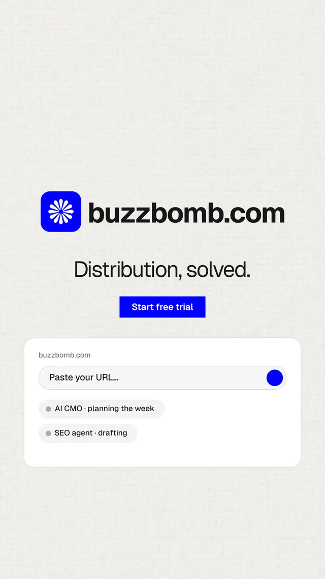 Instagram story for BuzzBomb: "Distribution, solved." Swiss style, logo hero layout, light palette in white.
