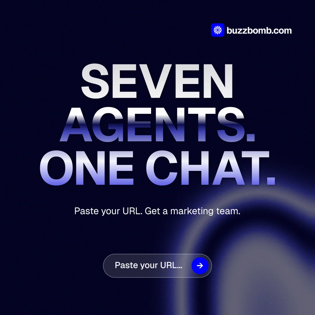 Instagram post for BuzzBomb: "Seven agents. One chat." Agentic glass style, centred layout, dark palette in black, blue.