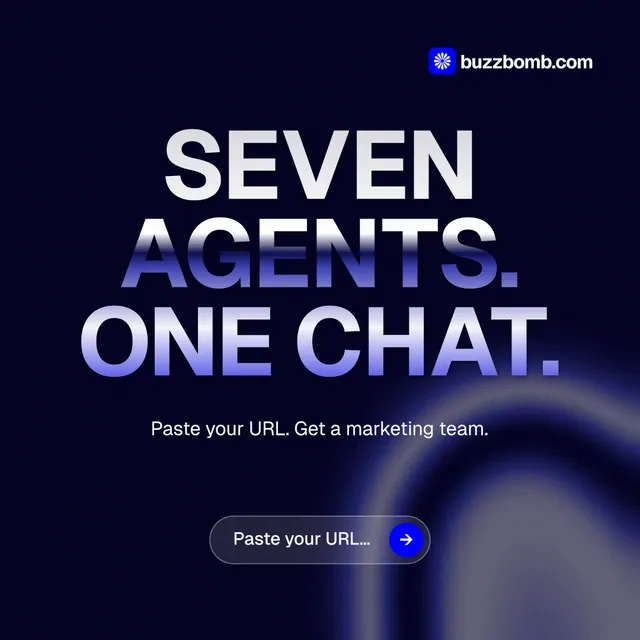 Instagram post for BuzzBomb: "Seven agents. One chat." Agentic glass style, centred layout, dark palette in black, blue.