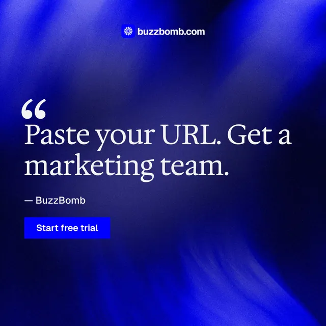 Instagram post for BuzzBomb: "Get a marketing team." Swiss style, quote layout, dark palette in blue.