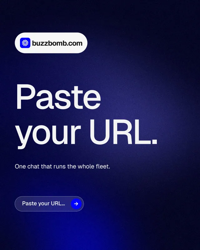 Instagram portrait post for BuzzBomb: "Paste your URL." Agentic glass style, announce layout, dark palette in black, blue, grey.