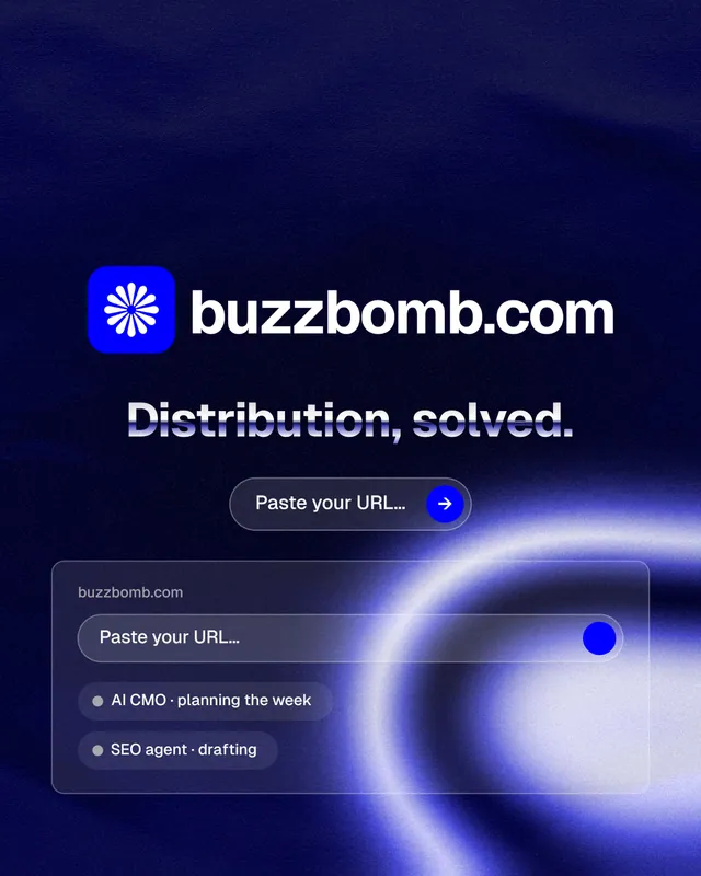 Instagram portrait post for BuzzBomb: "Distribution, solved." Agentic glass style, logo hero layout, dark palette in black, blue.