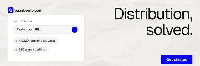 X header for BuzzBomb: "Distribution, solved." Swiss style, right layout, light palette in white, grey.