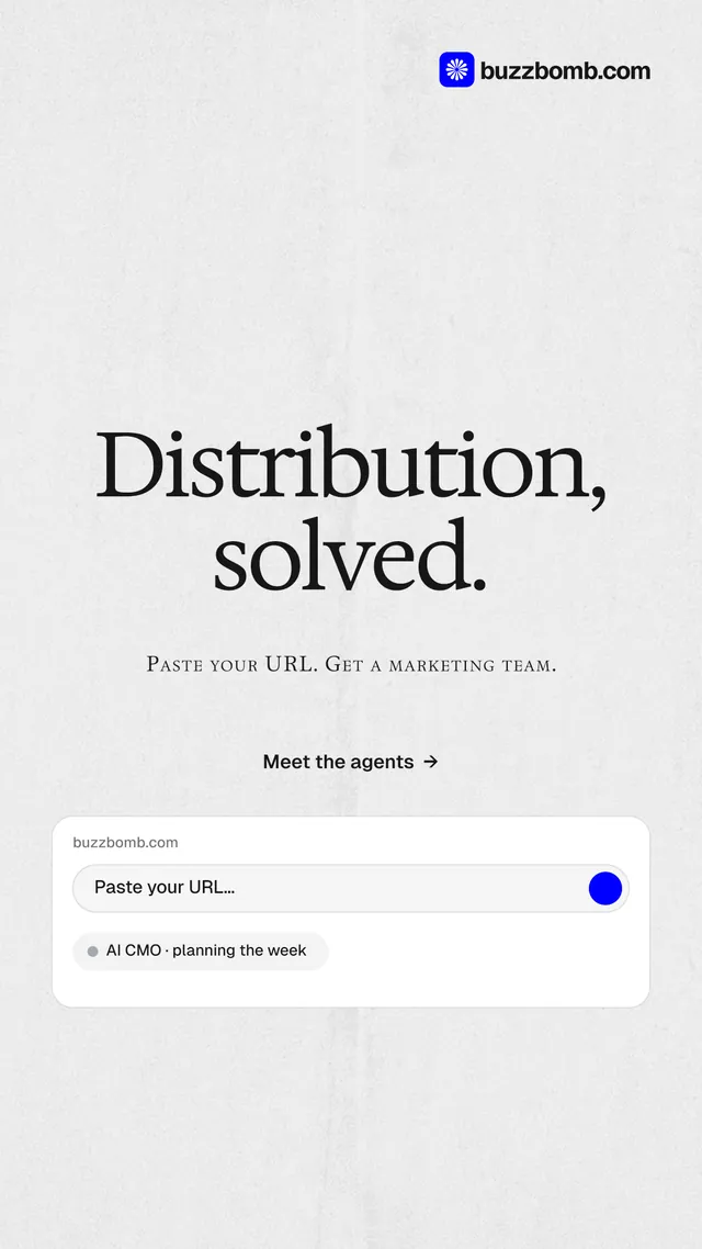 Instagram story for BuzzBomb: "Distribution, solved." Swiss style, smallcaps layout, light palette in white, grey.