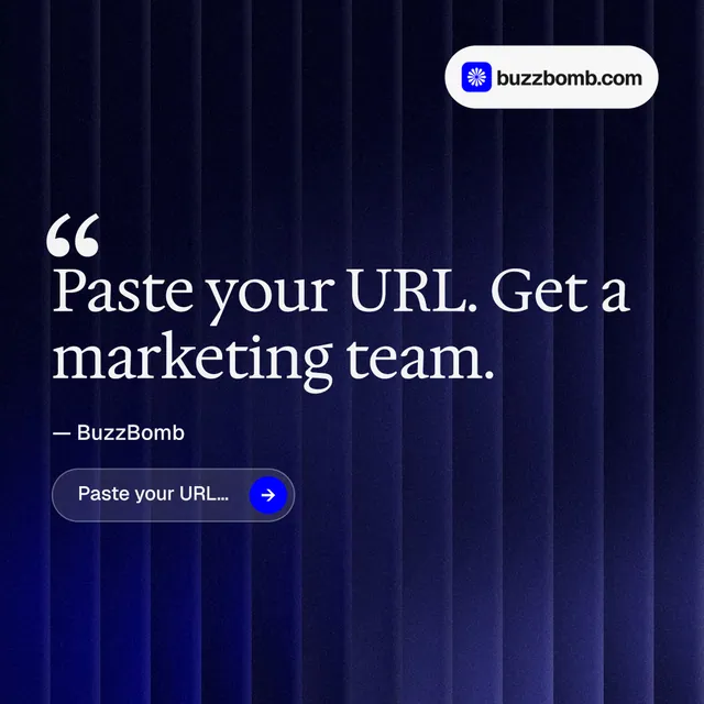 Instagram post for BuzzBomb: "Get a marketing team." Agentic glass style, quote layout, dark palette in black, blue, grey.