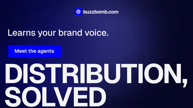 Landscape graphic for BuzzBomb: "Distribution, solved." Swiss style, oversized layout, dark palette in blue, black, grey.