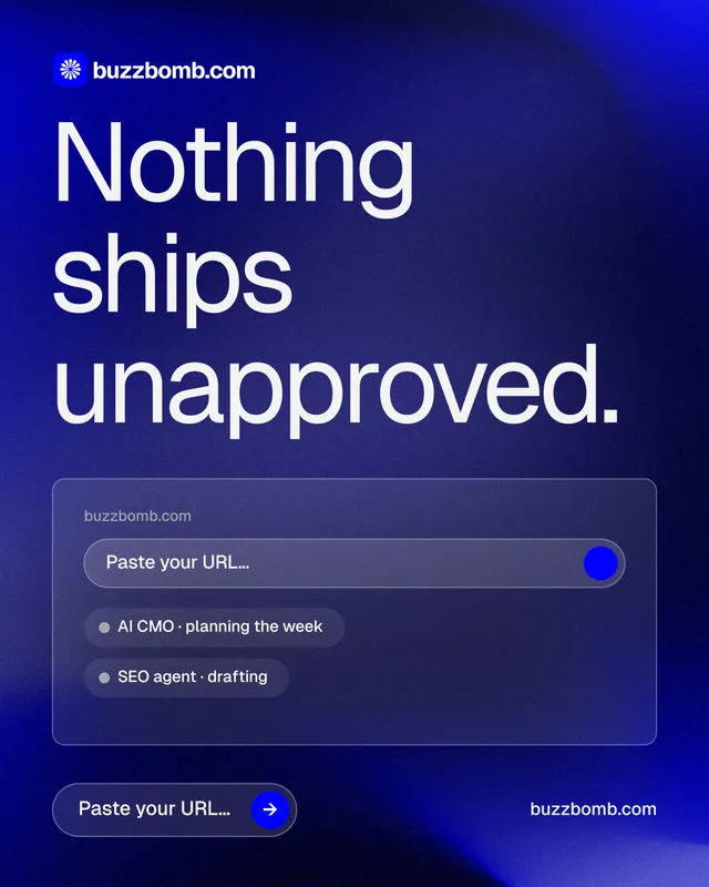 Instagram portrait post for BuzzBomb: "Nothing ships unapproved." Agentic glass style, poster layout, dark palette in blue.