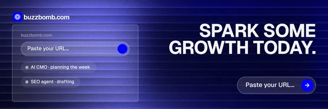 X header for BuzzBomb: "Spark some growth today." Agentic glass style, right layout, dark palette in blue.