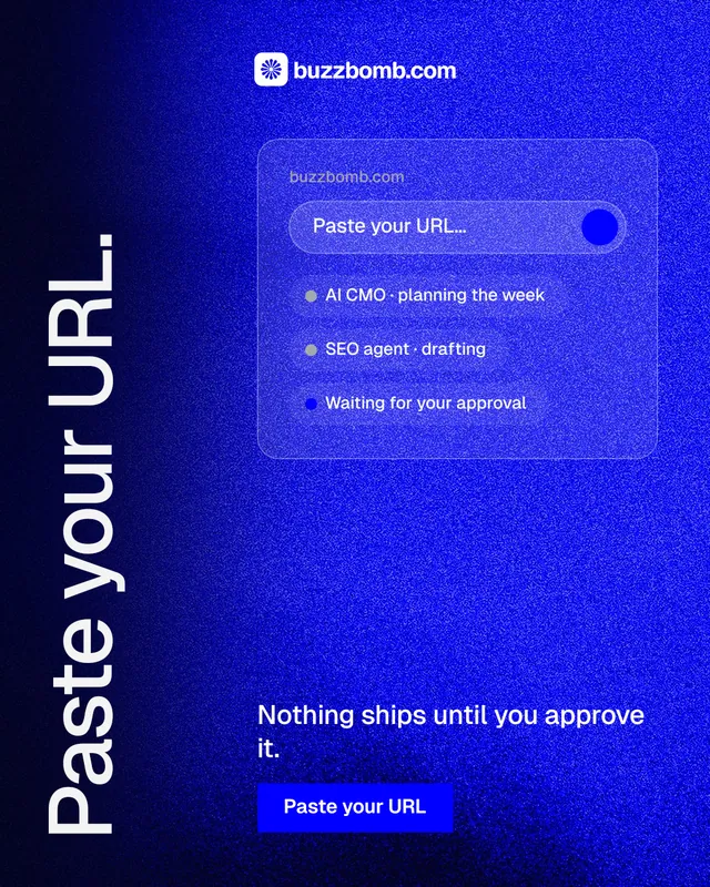 Instagram portrait post for BuzzBomb: "Paste your URL." Swiss style, vertical layout, dark palette in blue.