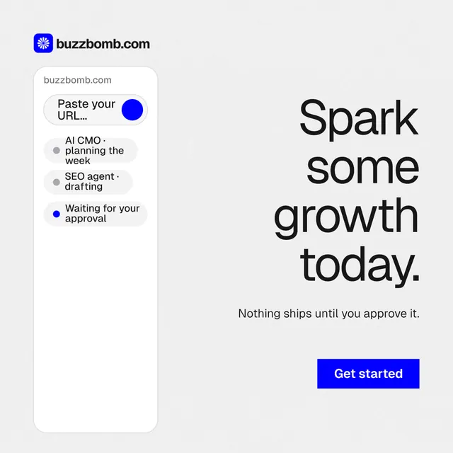 Instagram post for BuzzBomb: "Spark some growth today." Swiss style, right layout, light palette in white, grey.