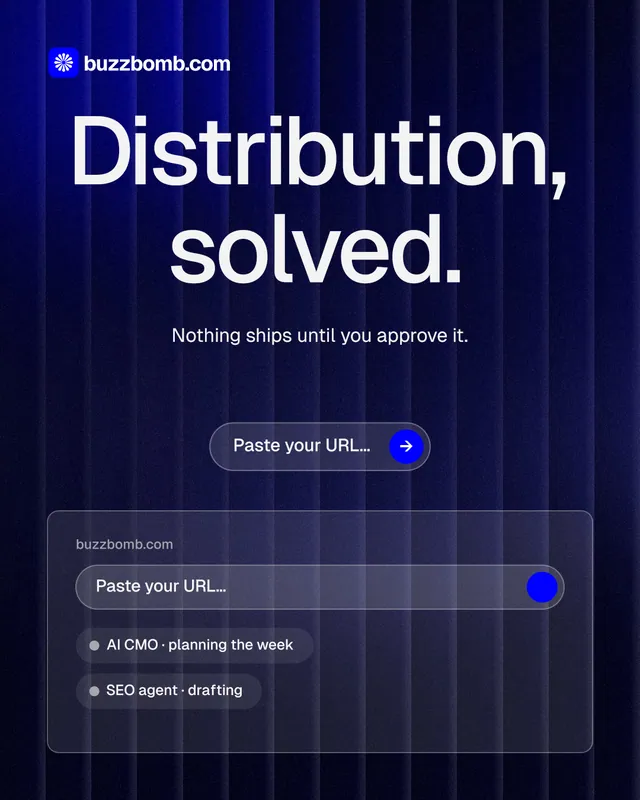 Instagram portrait post for BuzzBomb: "Distribution, solved." Agentic glass style, centred layout, dark palette in black, blue, grey.