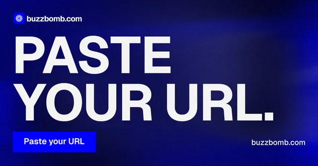Social ad for BuzzBomb: "Paste your URL." Swiss style, poster layout, dark palette in blue, white.