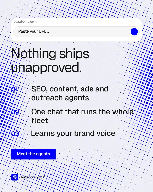 Instagram portrait post for BuzzBomb: "Nothing ships unapproved." Swiss style, numbered layout, light palette in blue, white.