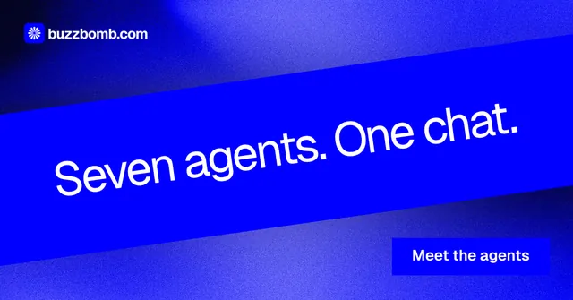 Social ad for BuzzBomb: "Seven agents. One chat." Swiss style, diagonal layout, dark palette in blue.