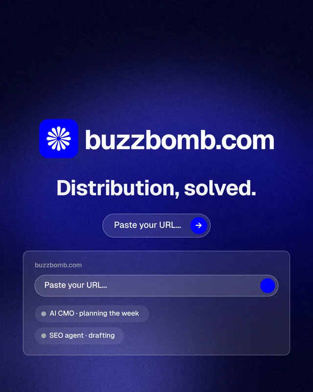 Instagram portrait post for BuzzBomb: "Distribution, solved." Agentic glass style, logo hero layout, dark palette in black, blue.