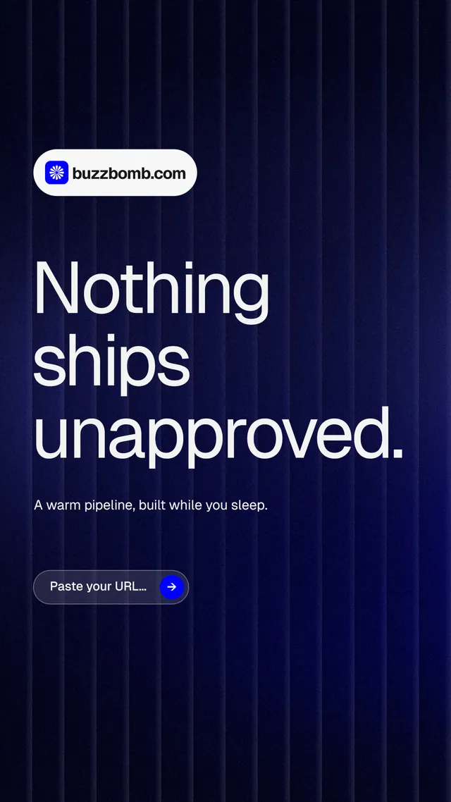 Instagram story for BuzzBomb: "Nothing ships unapproved." Agentic glass style, announce layout, dark palette in black, blue, grey.