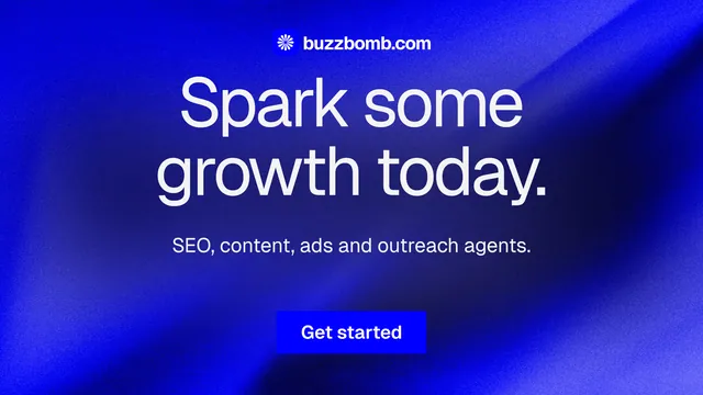 Landscape graphic for BuzzBomb: "Spark some growth today." Swiss style, centred layout, dark palette in blue.