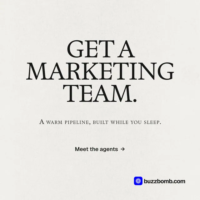 Instagram post for BuzzBomb: "Get a marketing team." Swiss style, smallcaps layout, light palette in white, grey.