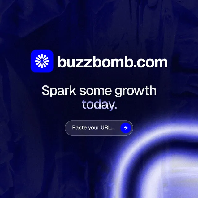 Instagram post for BuzzBomb: "Spark some growth today." Agentic glass style, logo hero layout, dark palette in blue, black.