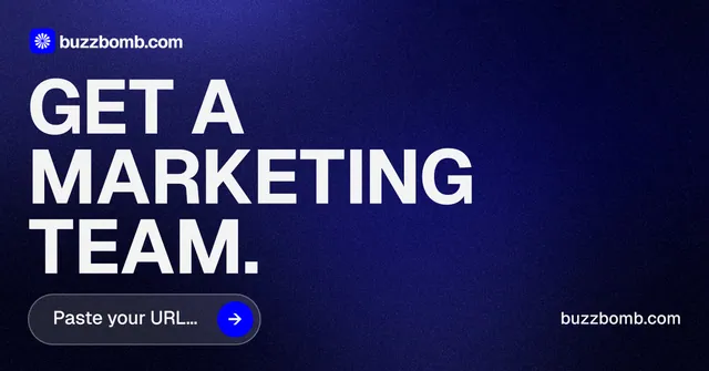 Social ad for BuzzBomb: "Get a marketing team." Agentic glass style, poster layout, dark palette in black, blue, grey.