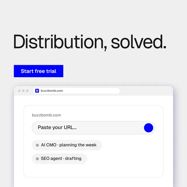 Instagram post for BuzzBomb: "Distribution, solved." Swiss style, browser layout, light palette in white, blue.