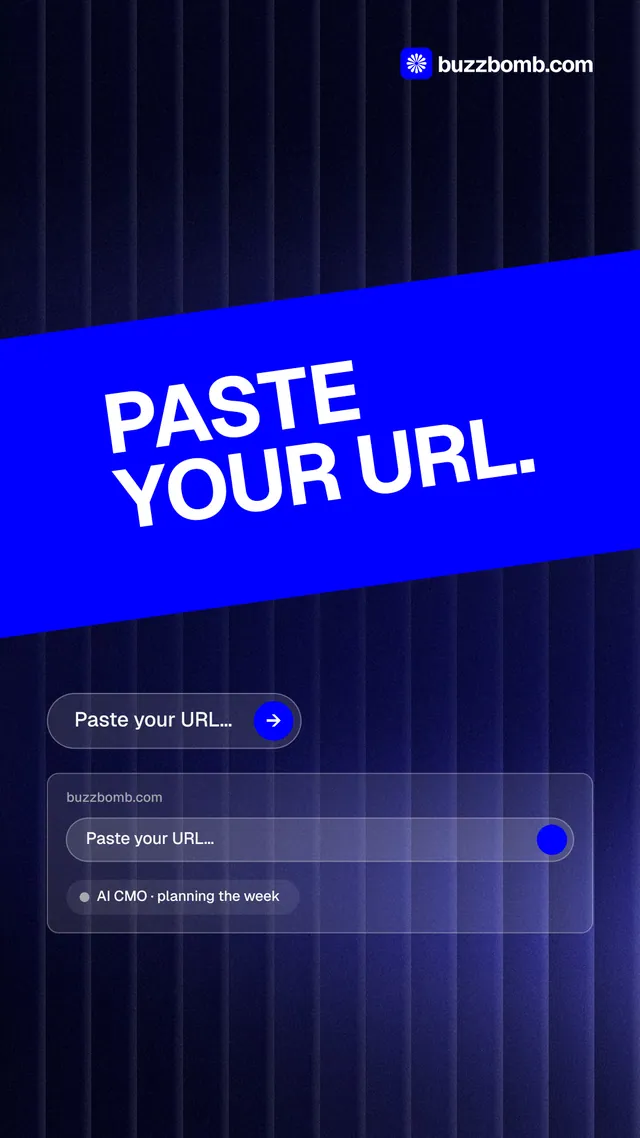 Instagram story for BuzzBomb: "Paste your URL." Agentic glass style, diagonal layout, dark palette in black, blue.