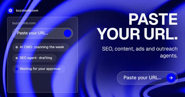 Social ad for BuzzBomb: "Paste your URL." Agentic glass style, right layout, dark palette in blue.