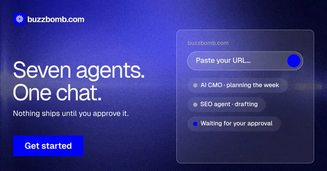 Social ad for BuzzBomb: "Seven agents. One chat." Swiss style, bottom layout, dark palette in blue.