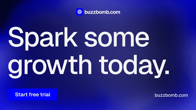 Landscape graphic for BuzzBomb: "Spark some growth today." Swiss style, poster layout, dark palette in blue.