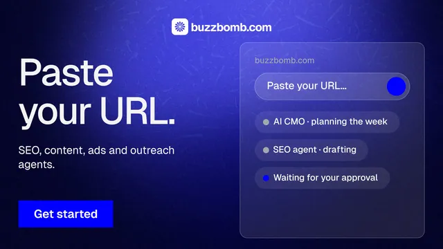 Landscape graphic for BuzzBomb: "Paste your URL." Swiss style, bottom layout, dark palette in black, blue.