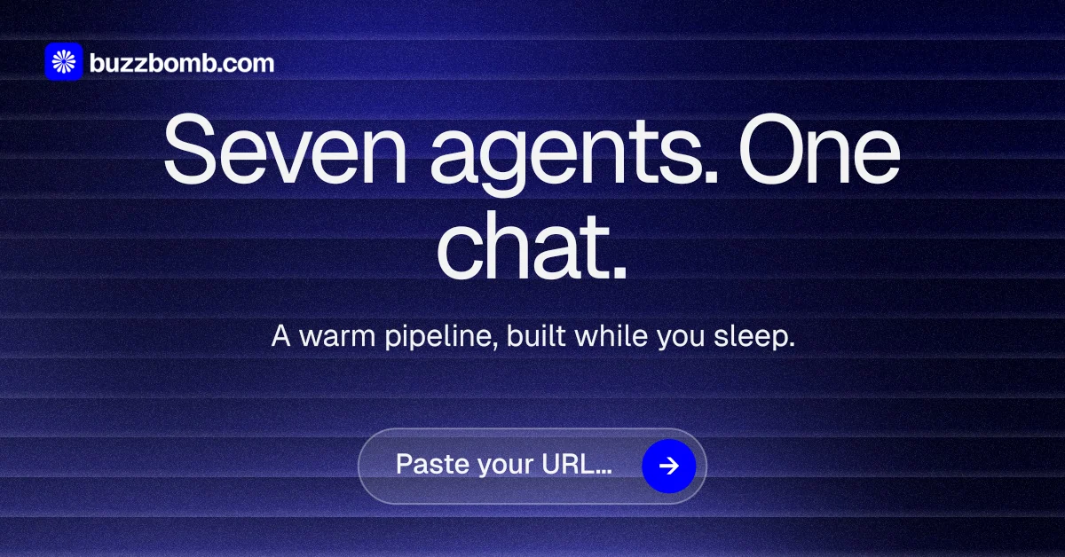 Social ad for BuzzBomb: "Seven agents. One chat." Agentic glass style, centred layout, dark palette in black, blue, grey.
