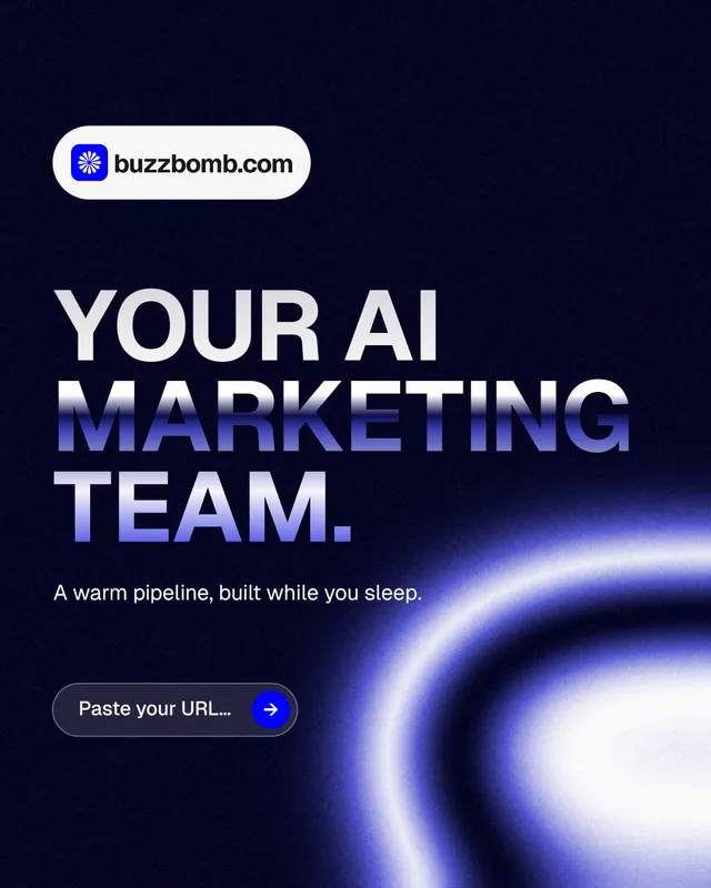 Instagram portrait post for BuzzBomb: "Your AI marketing team." Agentic glass style, announce layout, dark palette in black, blue.