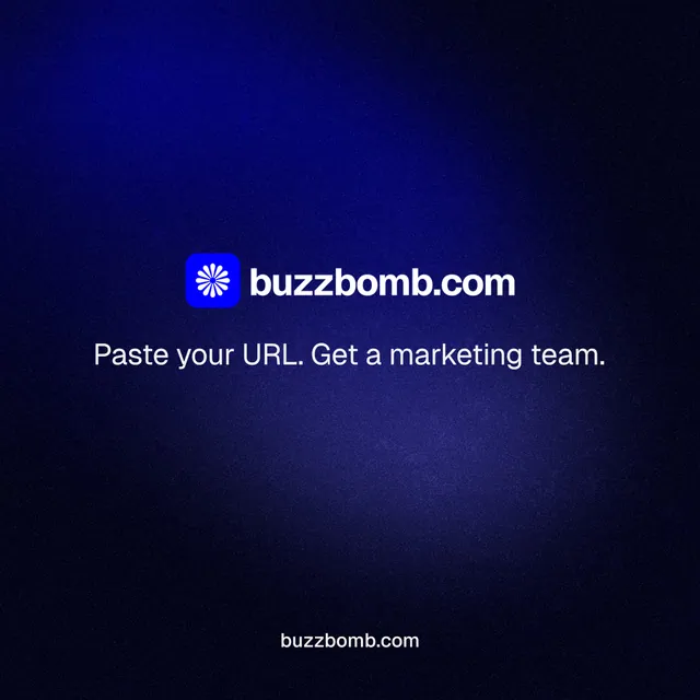 Instagram post for BuzzBomb: "Distribution, solved." Swiss style, end card layout, dark palette in black, blue.