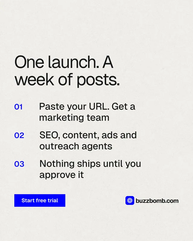 Instagram portrait post for BuzzBomb: "One launch. A week of posts." Swiss style, numbered layout, light palette in white, grey.