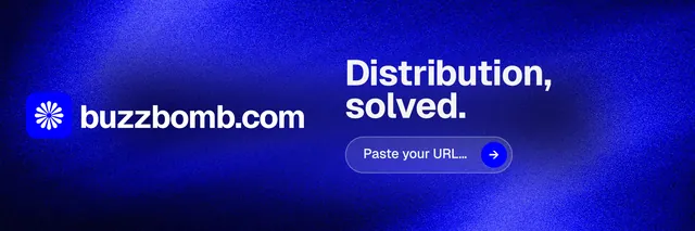 X header for BuzzBomb: "Distribution, solved." Agentic glass style, logo hero layout, dark palette in blue.
