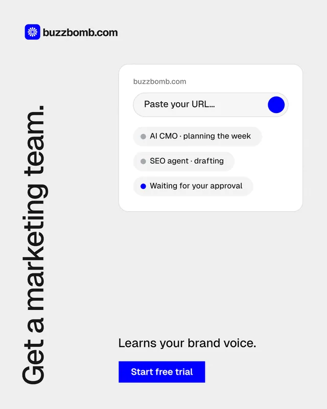 Instagram portrait post for BuzzBomb: "Get a marketing team." Swiss style, vertical layout, light palette in white.