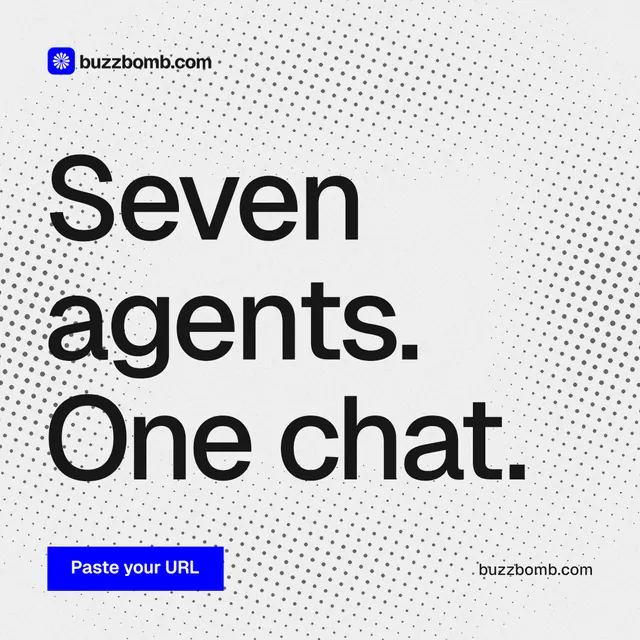 Instagram post for BuzzBomb: "Seven agents. One chat." Swiss style, poster layout, light palette in white, grey.