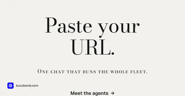Social ad for BuzzBomb: "Paste your URL." Minimal luxury style, smallcaps layout, light palette in white.