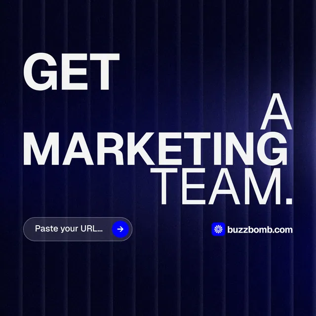 Instagram post for BuzzBomb: "Get a marketing team." Agentic glass style, stacked layout, dark palette in black, blue, grey.