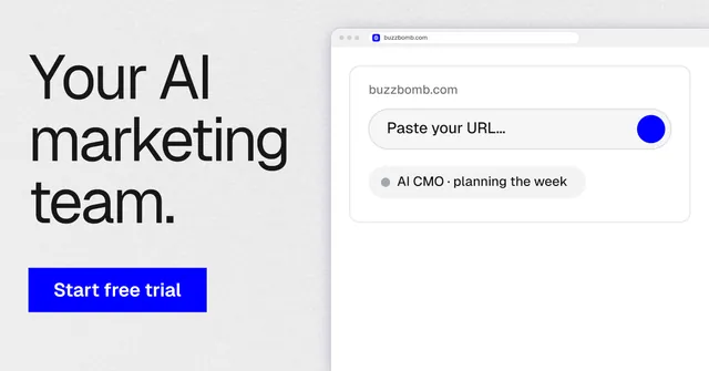 Social ad for BuzzBomb: "Your AI marketing team." Swiss style, browser layout, light palette in white, blue.