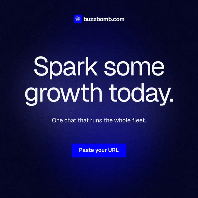 Instagram post for BuzzBomb: "Spark some growth today." Swiss style, centred layout, dark palette in black, blue, grey.