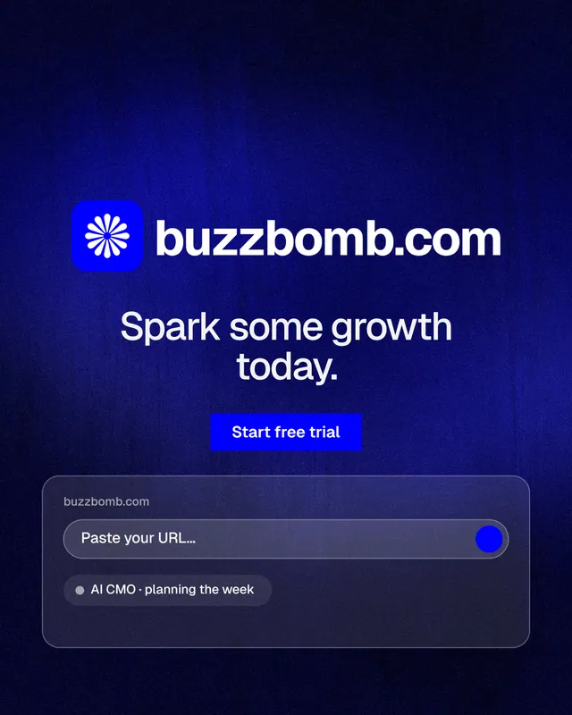 Instagram portrait post for BuzzBomb: "Spark some growth today." Swiss style, logo hero layout, dark palette in black, blue.