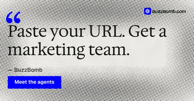 Social ad for BuzzBomb: "One launch. A week of posts." Swiss style, quote layout, light palette in grey, white.