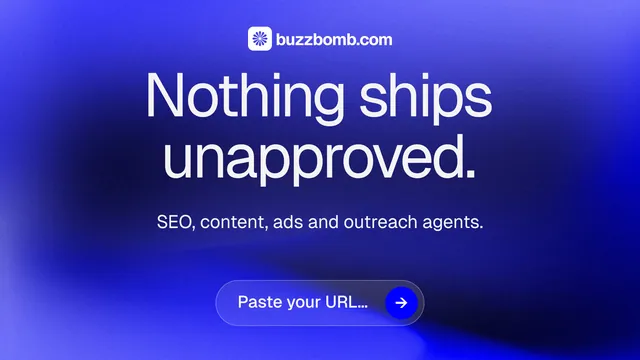 Landscape graphic for BuzzBomb: "Nothing ships unapproved." Agentic glass style, centred layout, dark palette in blue.