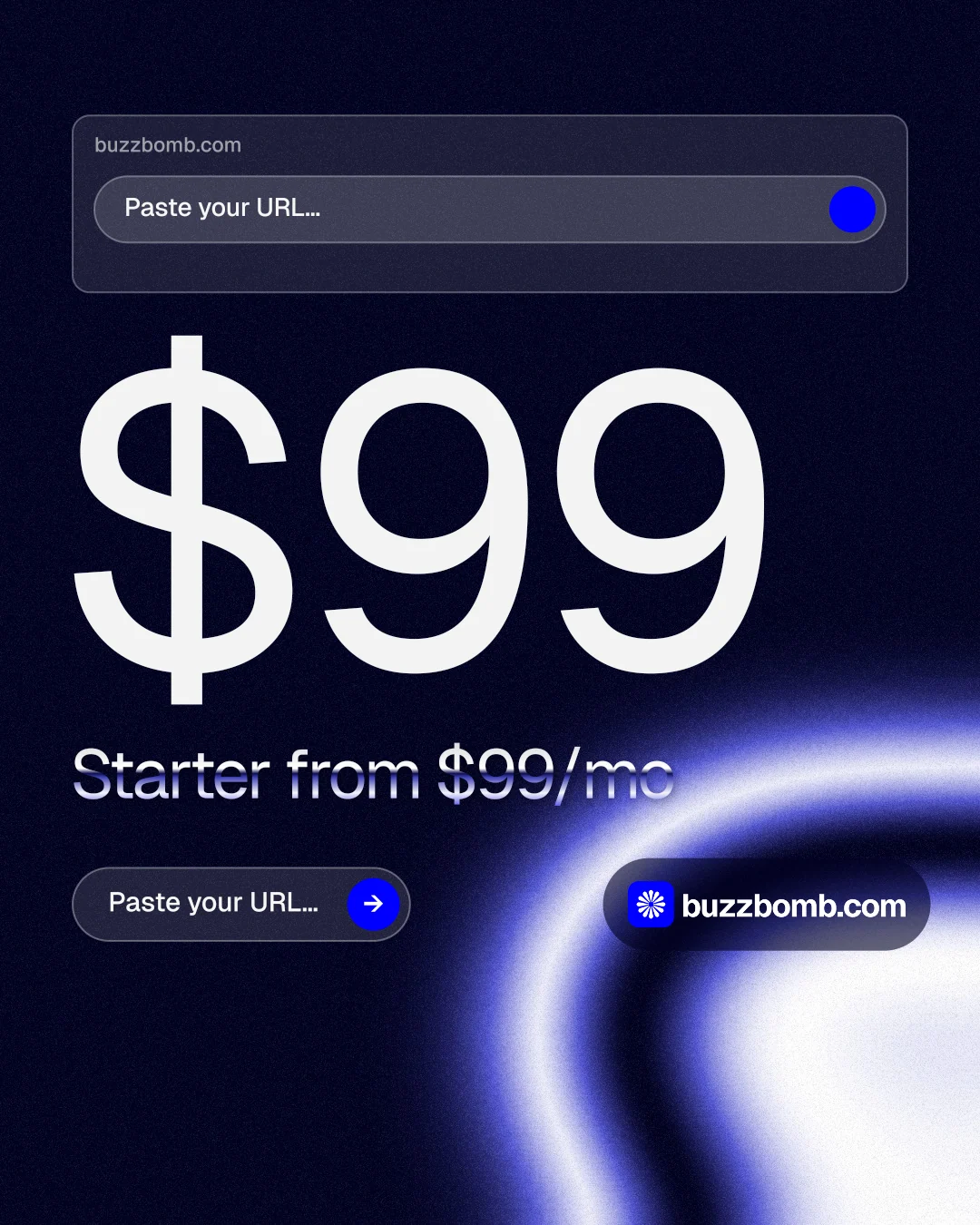 Instagram portrait post for BuzzBomb: "Paste your URL." Agentic glass style, stat layout, dark palette in black, blue.