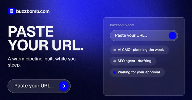 Social ad for BuzzBomb: "Paste your URL." Agentic glass style, bottom layout, dark palette in blue, black.