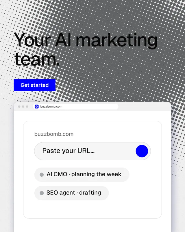 Instagram portrait post for BuzzBomb: "Your AI marketing team." Swiss style, browser layout, light palette in white, grey.